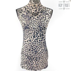 VERTIGO PARIS Jeweled Mock Turtleneck Sleeveless Leopard Long Sweater Tank L
